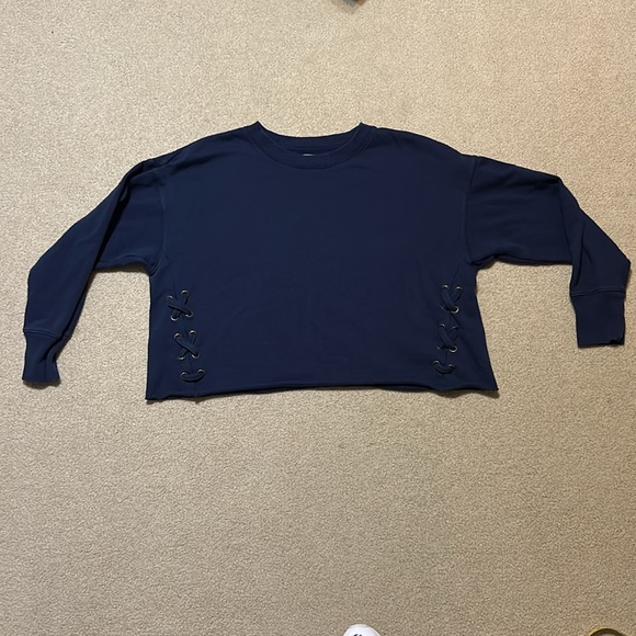 aerie Oversized Crew Neck Distressed Sweatshirt Navy Blue - Picture 5 of 8